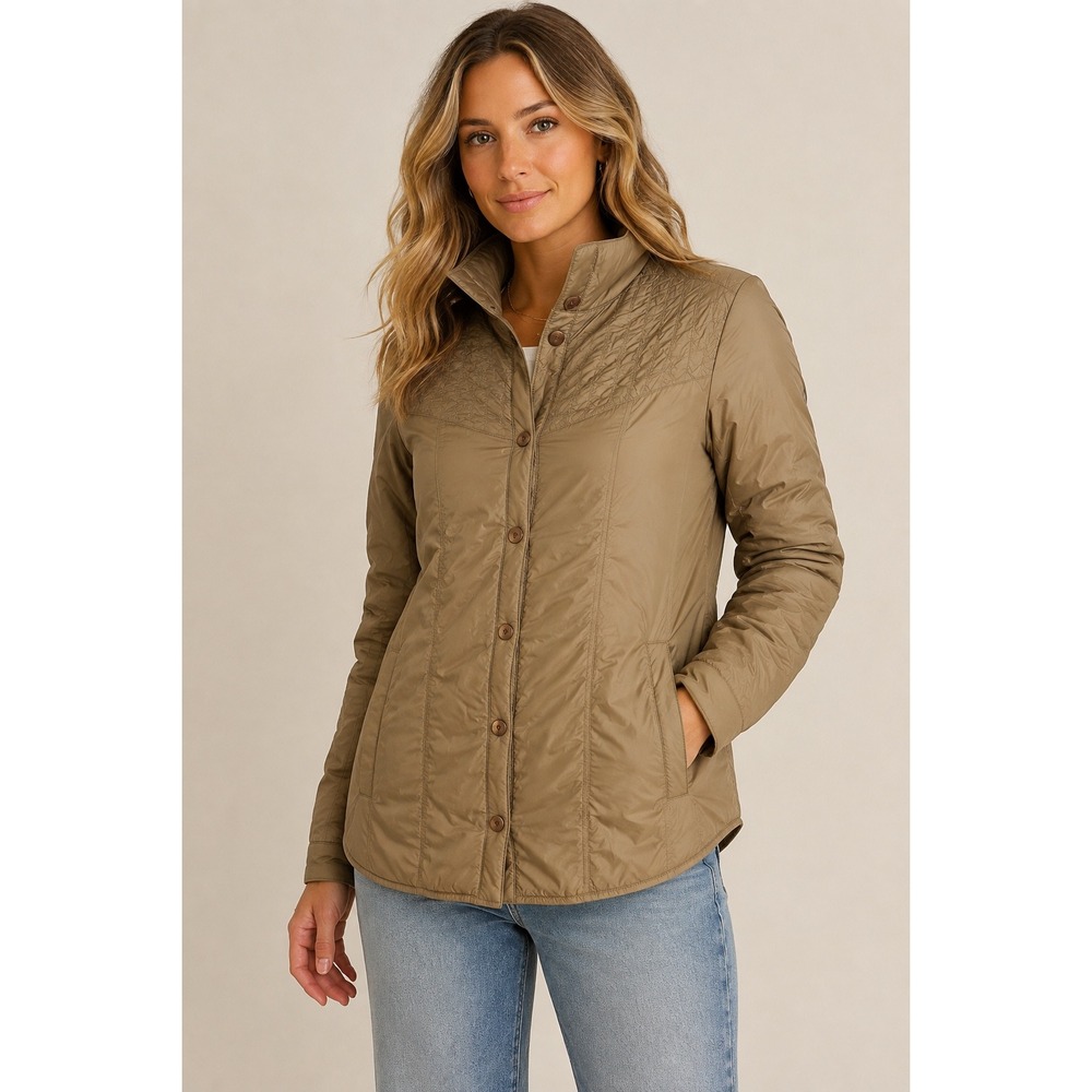 Nobis The Rosemary 100% Nylon Down Shirt Jacket Tan Quilted Puffer Womens Small